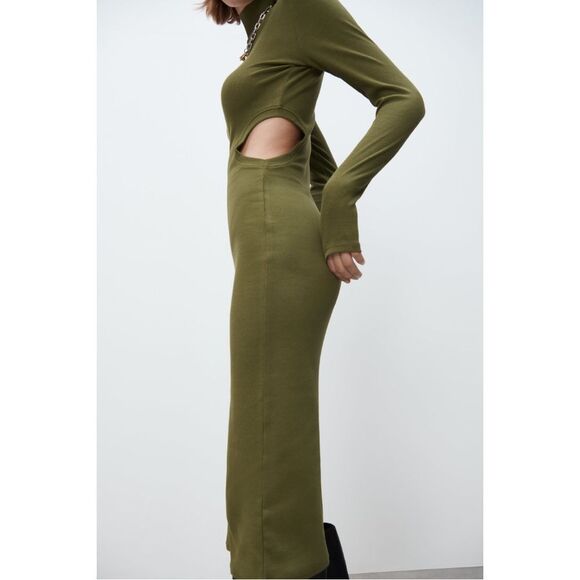 Zara NWT Cut Out Rib Midi Dress in Khaki - Picture 6 of 10